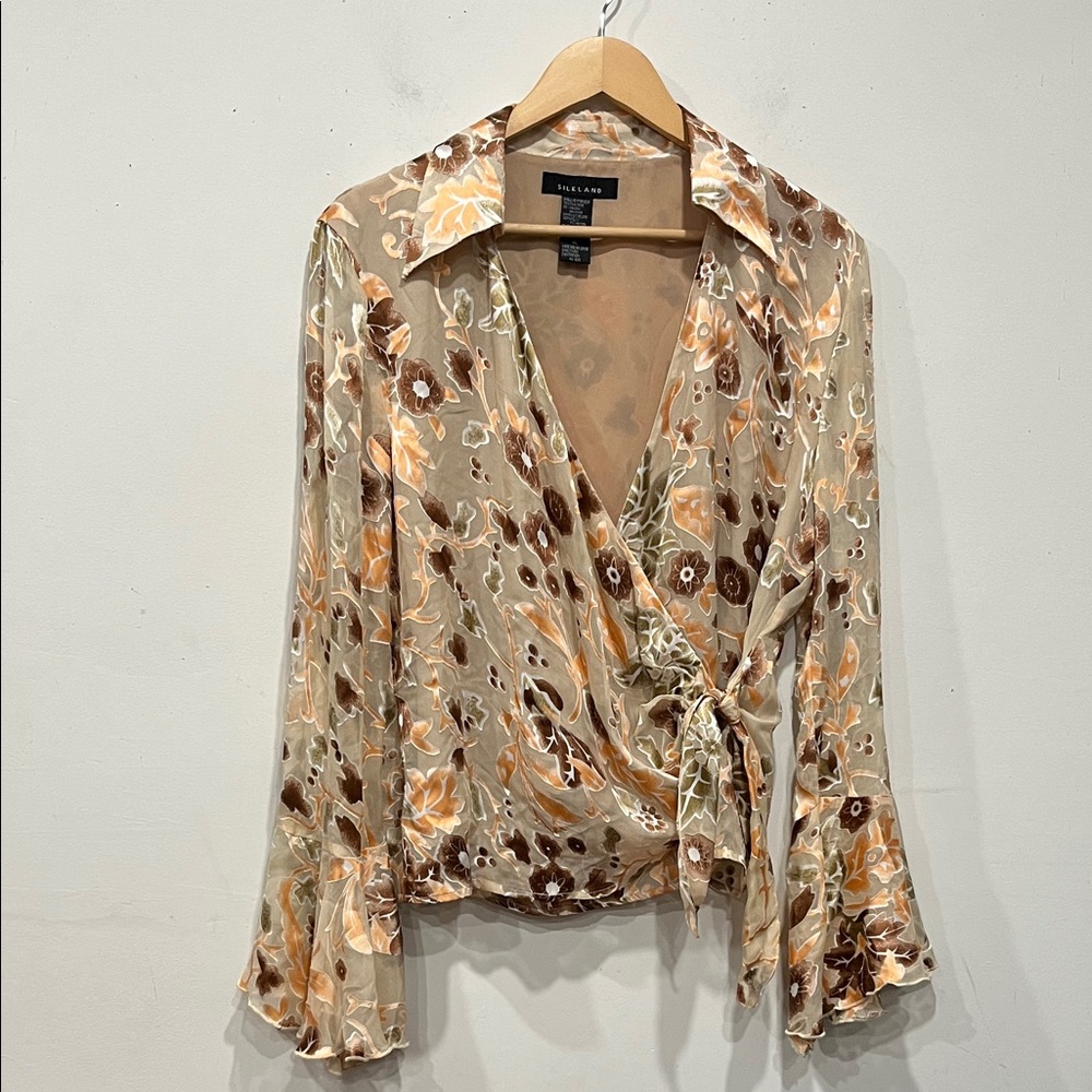Stella & Jamie Beige Floral Wrap Blouse